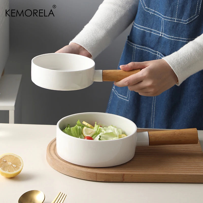 Ceramic Salad Bowl with Wooden Handle | Versatile Tableware