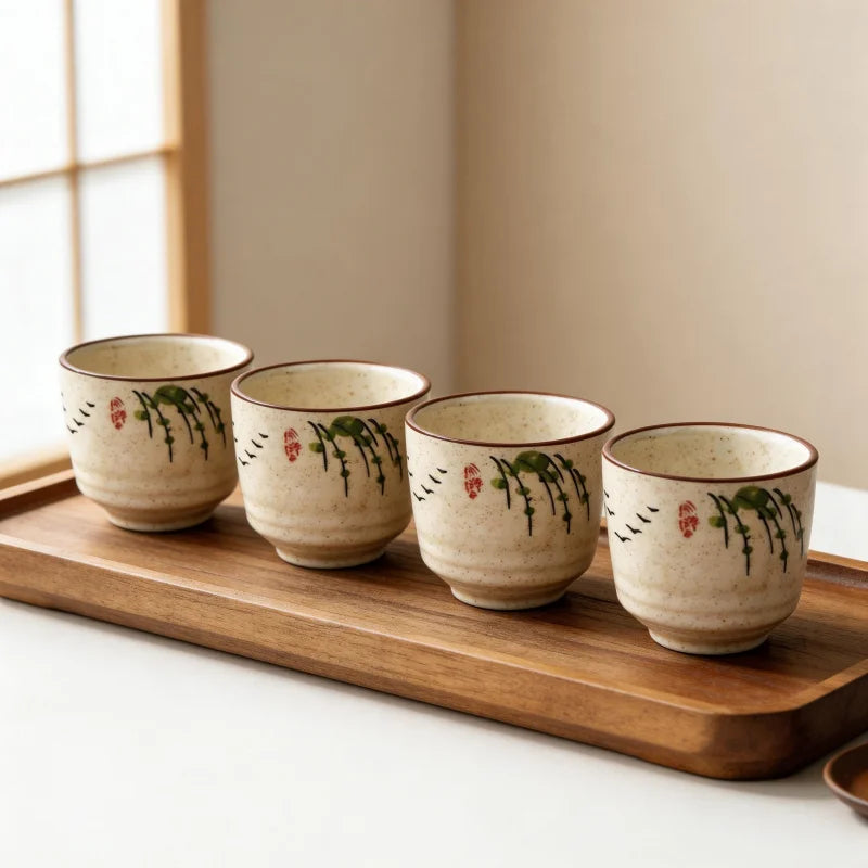 Vintage Japanese-style Ceramic Tea Cups | Stylish 4pc Set