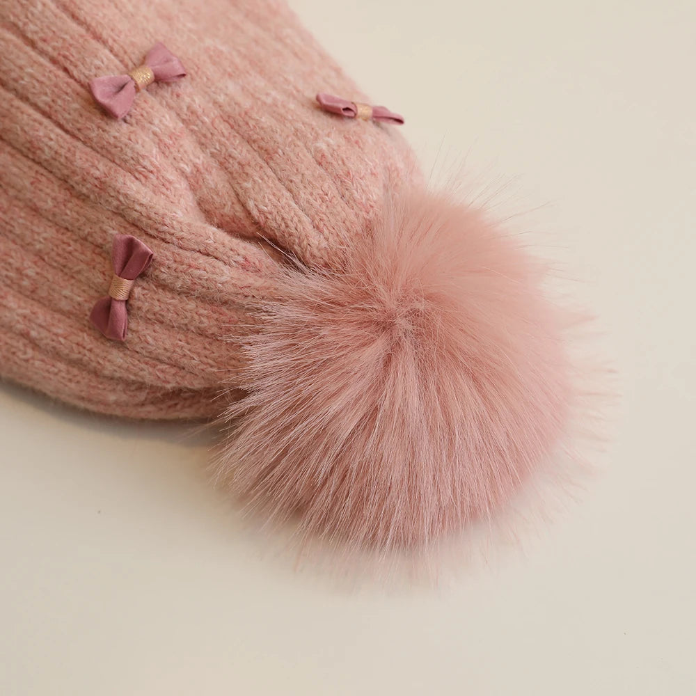 Warm Winter Hat for Girls | Cute Kids Bonnet with Pompom & Bows