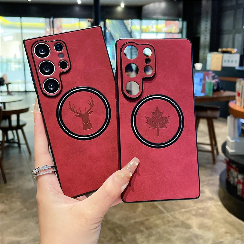 Leather Deer Maple Phone Case | Magnetic Charging Cover for Galaxy