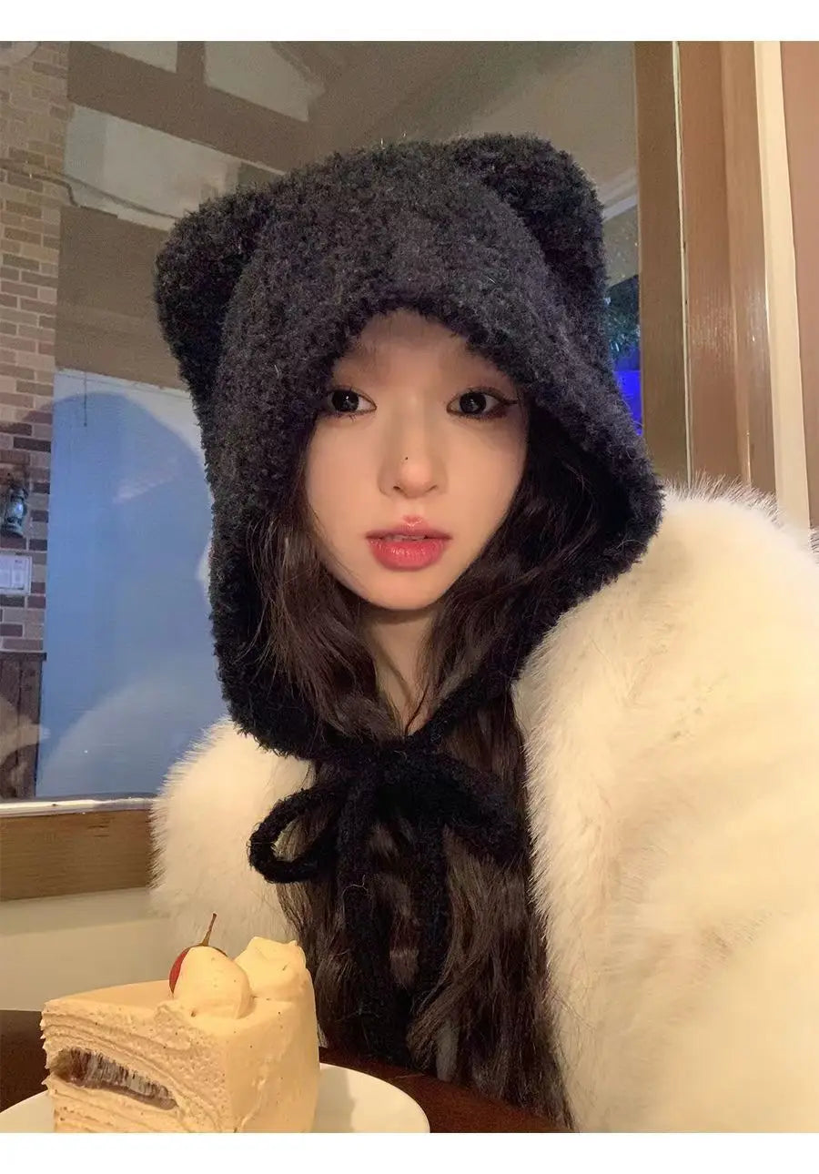 Women's Cute Bear Ear Plush Beanie | Cozy Winter Bomber Hat