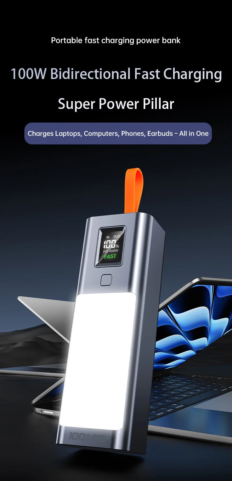 100W Power Bank 100000mAh with Headlamp | Fast Charging External Battery