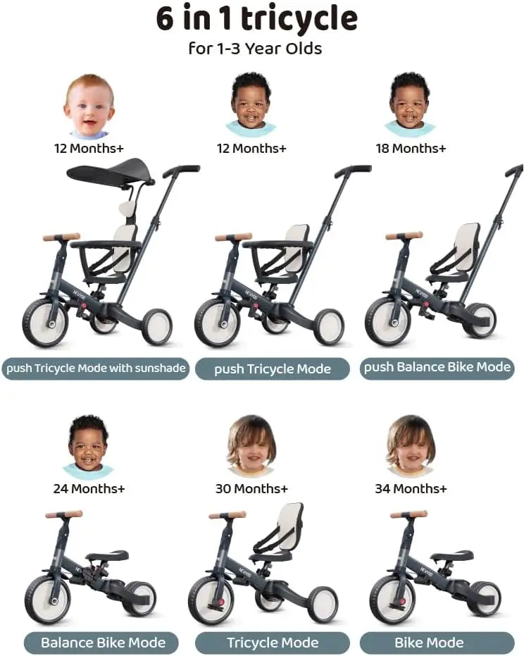 6-in-1 Adjustable Toddler Tricycle with Canopy & Push Handle