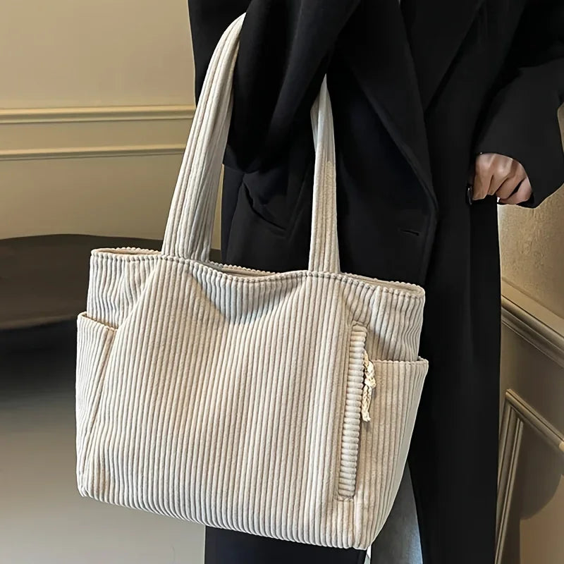 Bolso tote de pana espacioso con cremallera | Bolso de mano elegante