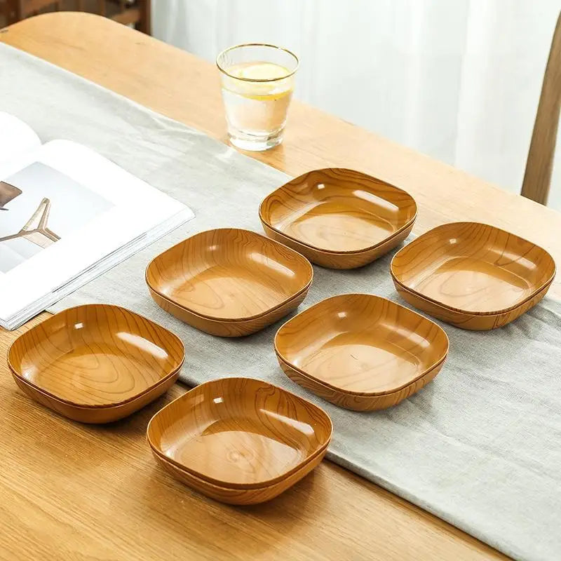Wood Grain Plastic Square Plate Set | Stylish Dinnerware Collection