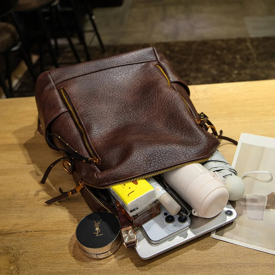 Vintage Leather Backpack | Large Capacity Travel Rucksack for Women