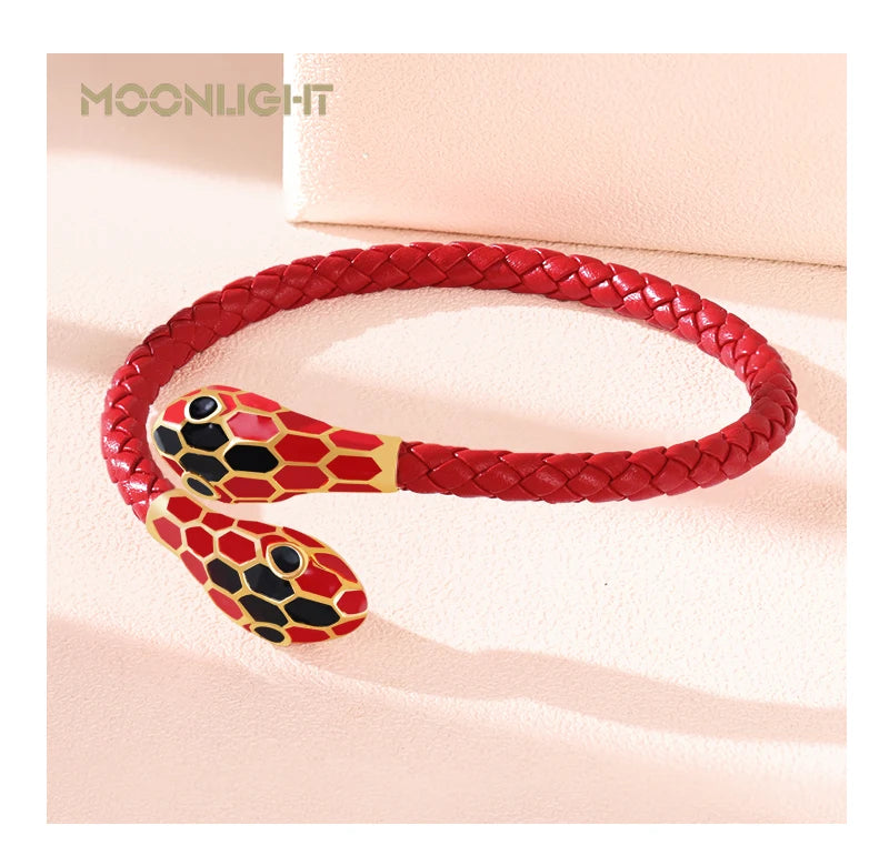 MOONLIGHT Classic Style Double Snake Head Cuff Bangles for Women Genuine Braided Leather Bracelets Female Fashion Jewelry Gifts