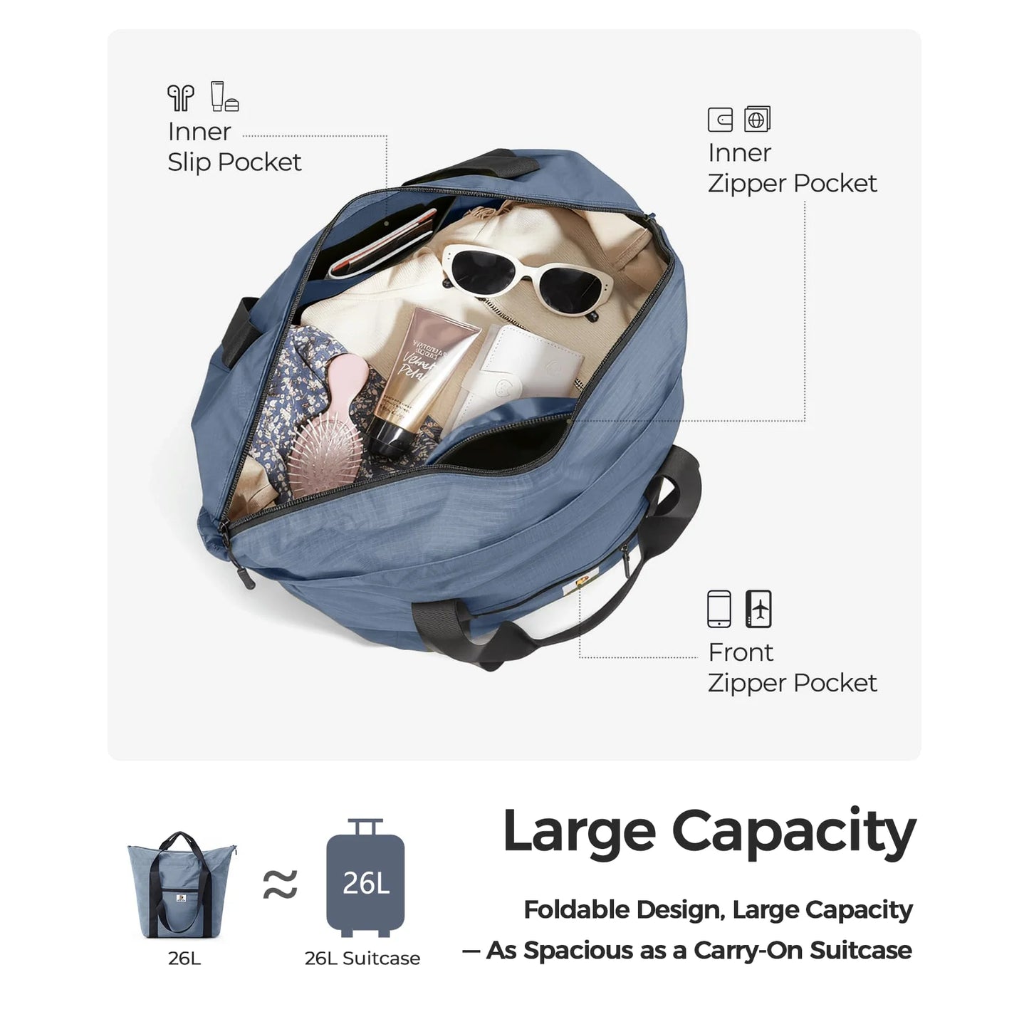 26L Foldable Travel Bag | Lightweight Expandable Weekender Tote