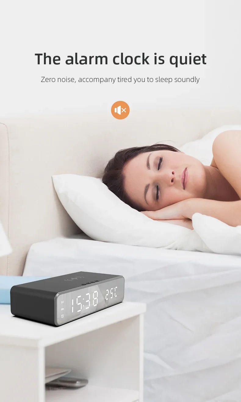 5W Wireless Charger Alarm Clock — Multifunction LED Digital Clock with Thermometer, Time Display & Fast Charging Dock for iPhone, Samsung & Qi-Compatible Phones