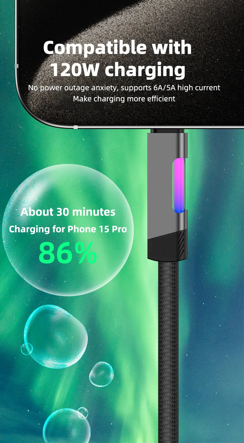 RGB Fast Charging Cable | 120W 6A USB Type C with Ambient Light
