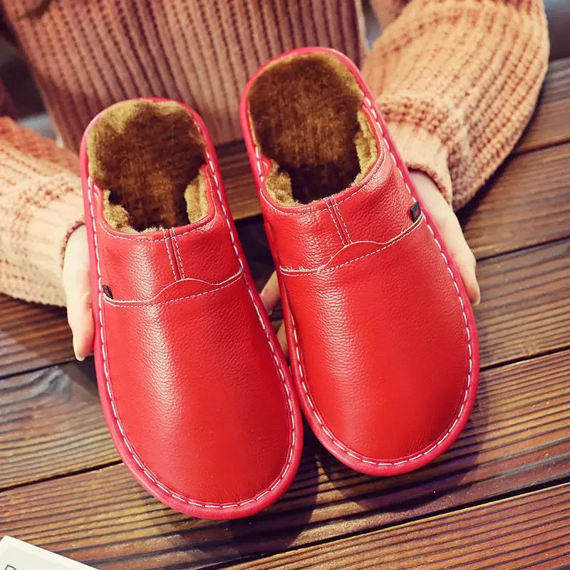 Couples Leather Plush Winter Slippers | Cozy Waterproof Shoes