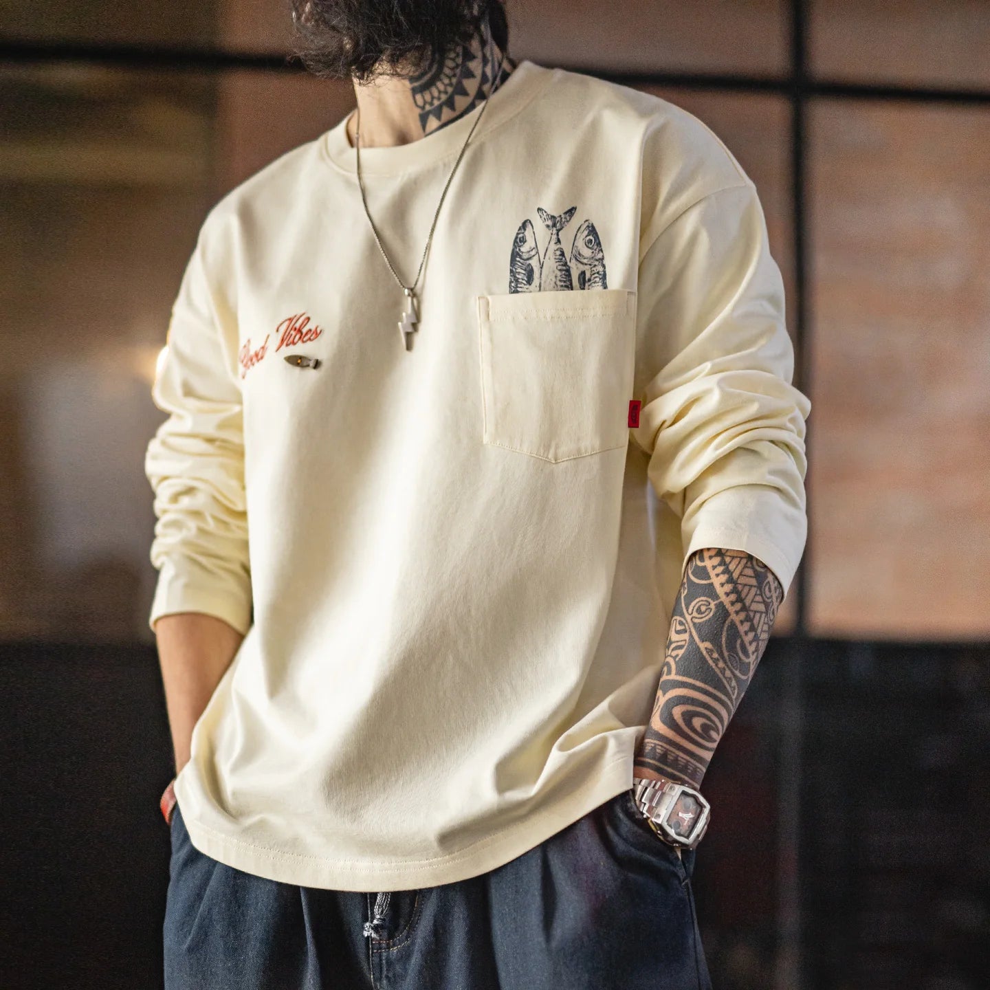 Men's Cotton Fish Printed Long Sleeve Tee | Casual Comfort Wear