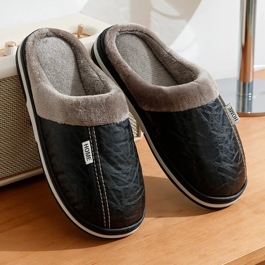 Men's Winter Waterproof PU Slippers | Warm & Comfortable Indoor Shoes