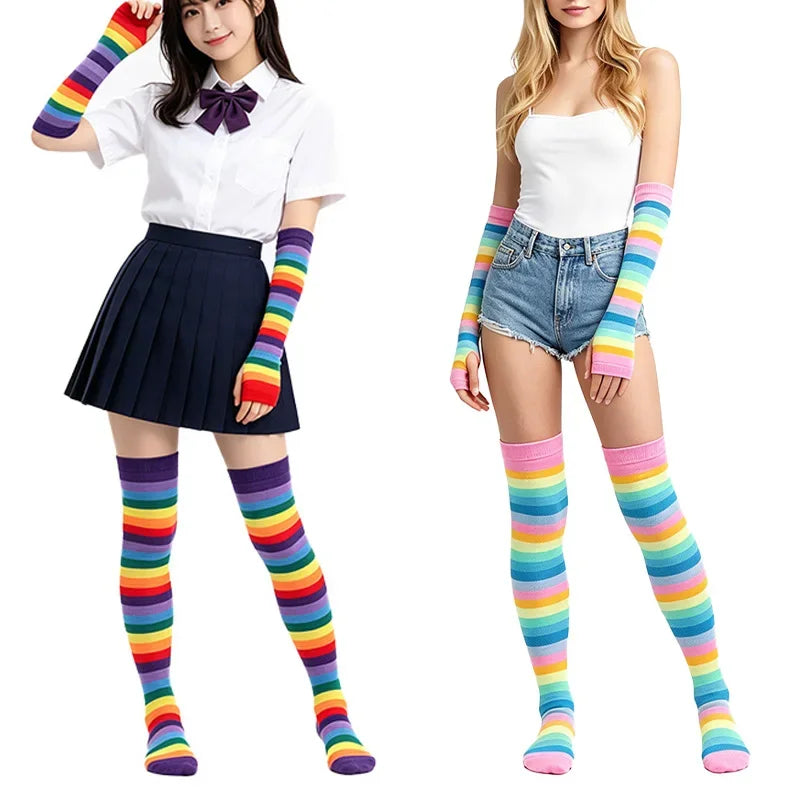 Women’s Rainbow Stripes Over Knee Socks & Elbow Gloves Set
