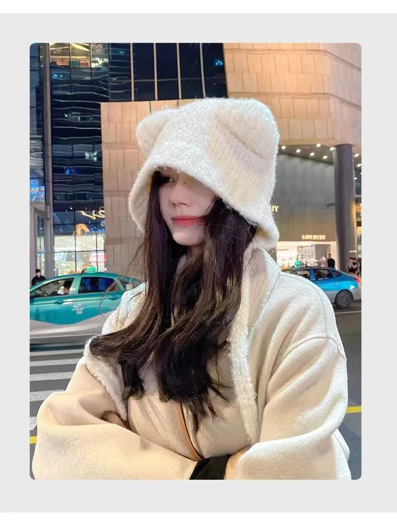 Women's Cute Bear Ear Plush Beanie | Cozy Winter Bomber Hat