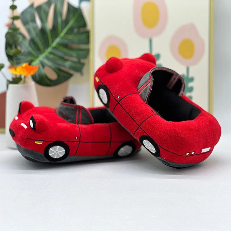 Fun Red Car Plush Slippers | Cozy Vehicle Shape House Shoes