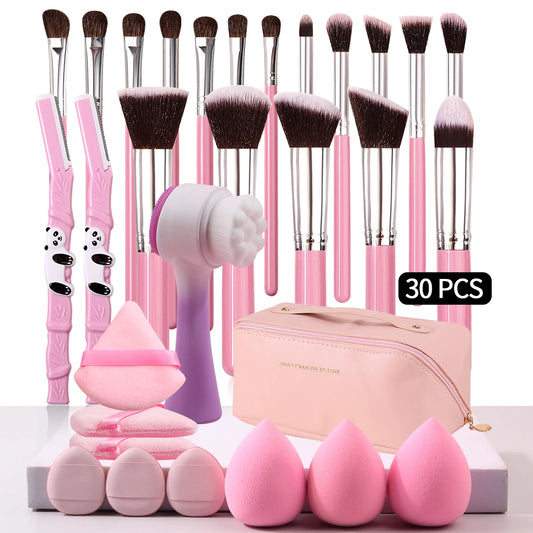 30 Piece Makeup Brush Kit with Storage Bag – Soft Nylon & Wool Fiber Brushes, Makeup Sponges, Powder Brush, Eyeshadow Brush, Silicone Face Cleansing Brush & Eyebrow Razor – Complete Beauty Set