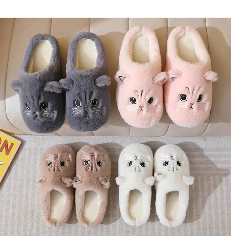 Cute Cat Fluffy Platform Slippers | Furry Plush Indoor Shoes