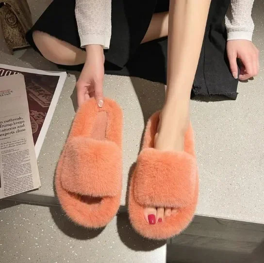 Cozy Double Fur Cross-Strap Plush Slippers | Warm Indoor Footwear