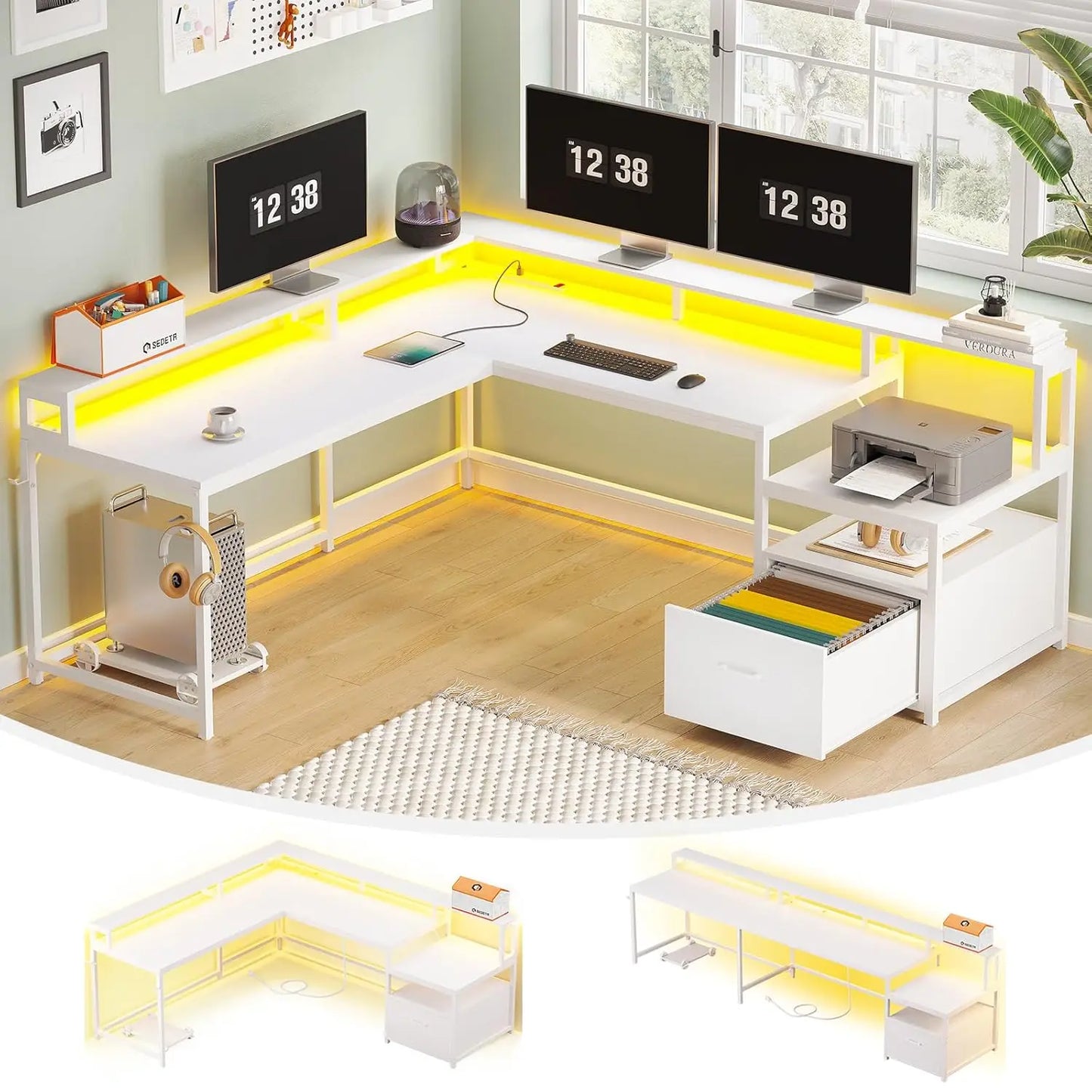 66" Gaming Desk | Corner Home Office Desk with Storage & LED Lights