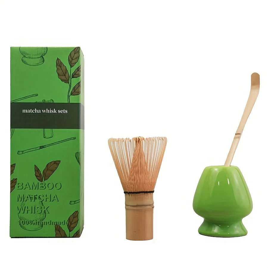Bamboo matcha whisk set with green container and packaging on a white background