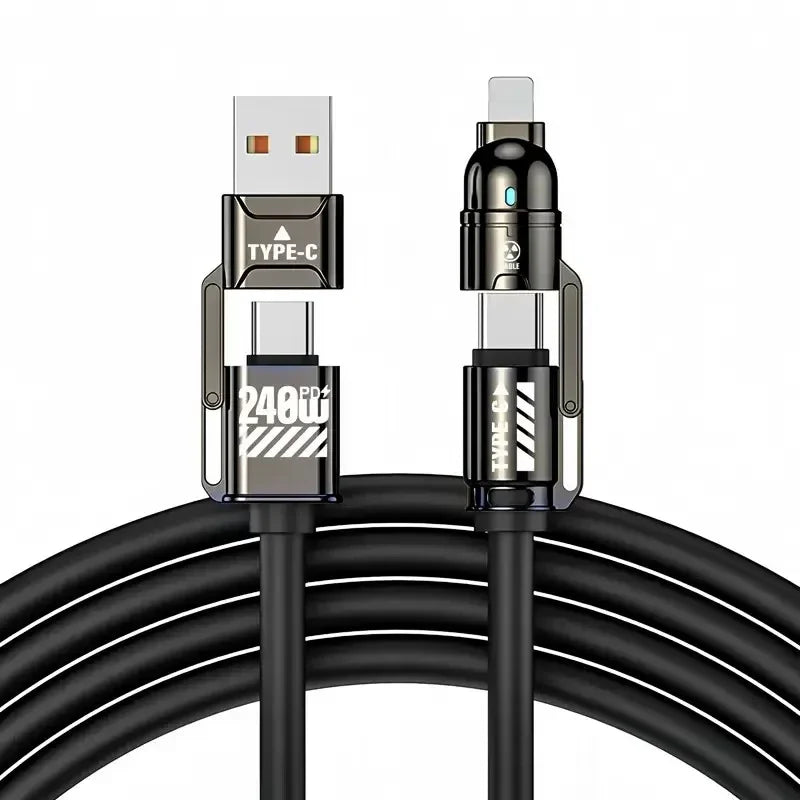 240W Super Fast Charging 4 In 1 Data Cable Dual Type-C+Lightning+USB Ports Phone Charging Cable For iPhone Samsung Huawei Xiaomi