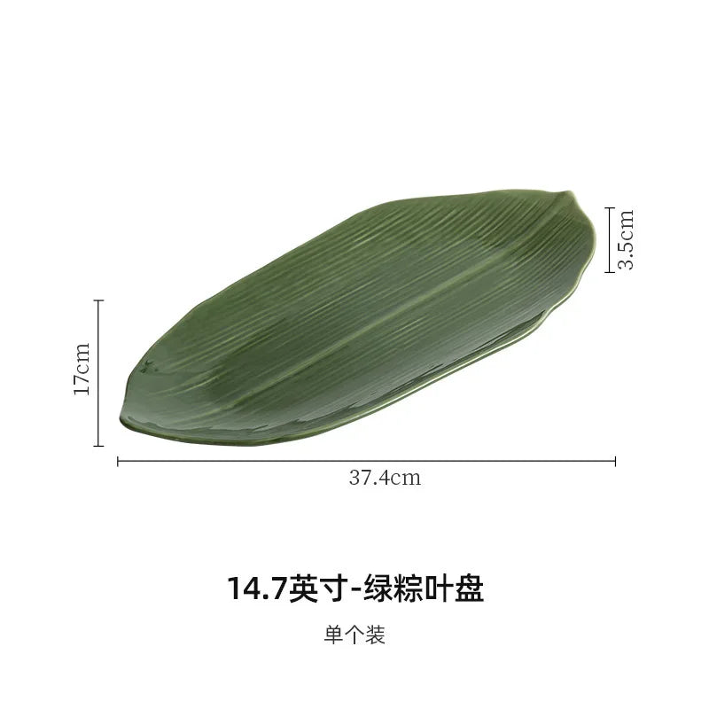 Elegant Green Bamboo Leaves Ceramic Sushi Plate for Desserts