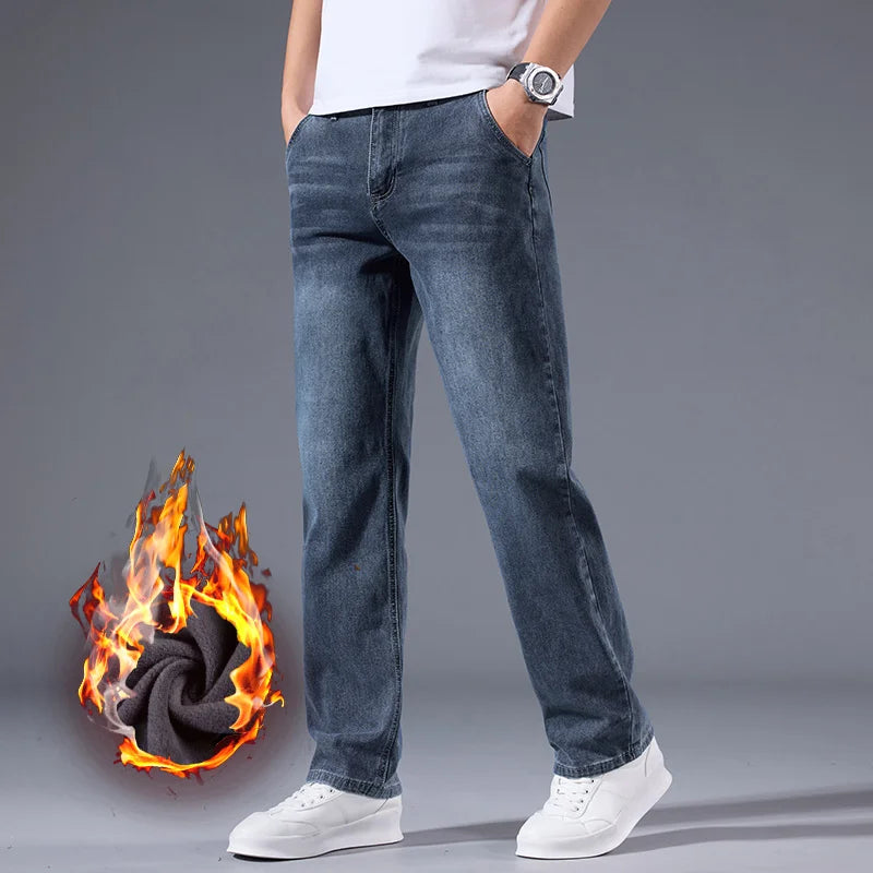 Men’s Winter Warm Fleece Lined Thick Stretchable Business Casual Jeans Lightweight Office & Daily Wear Loose Fit Trousers