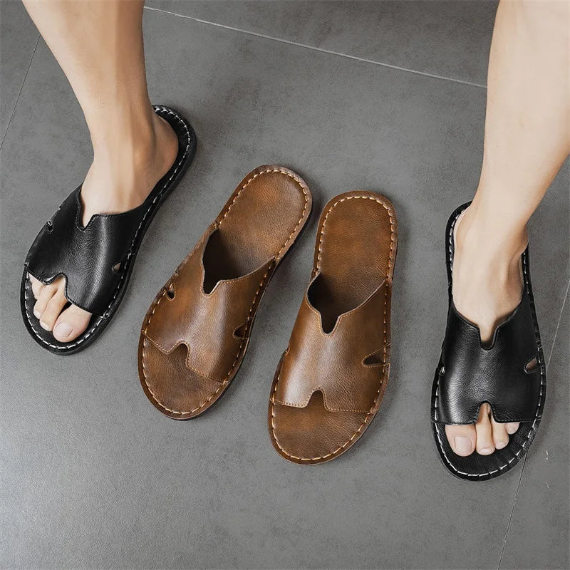 Men's Luxury Leather Slippers | Non-Slip Casual Wear for Summer