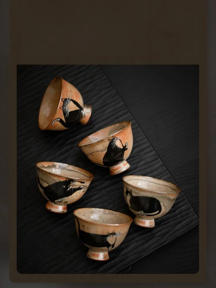Cute Black Cat Teacup | Elegant Ceramic Tea and Sake Cups Set