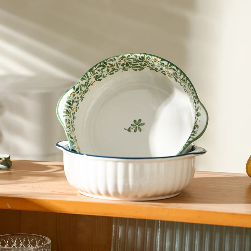 Ceramic Bowl Plate Set | Double Ear Floral Dinnerware