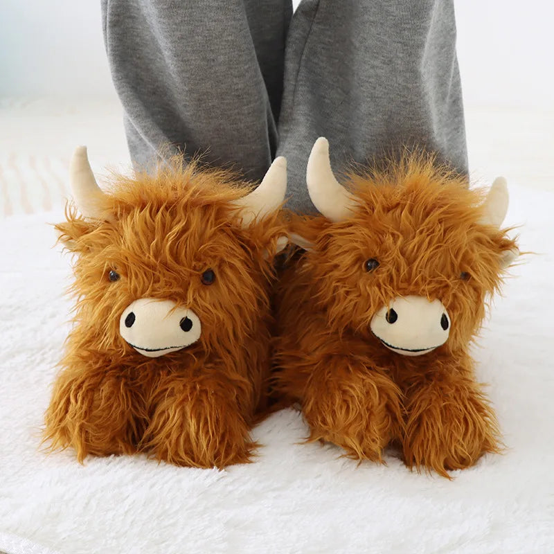 Winter Highland Cow Plush Slippers | Cute Fluffy Animal Slides