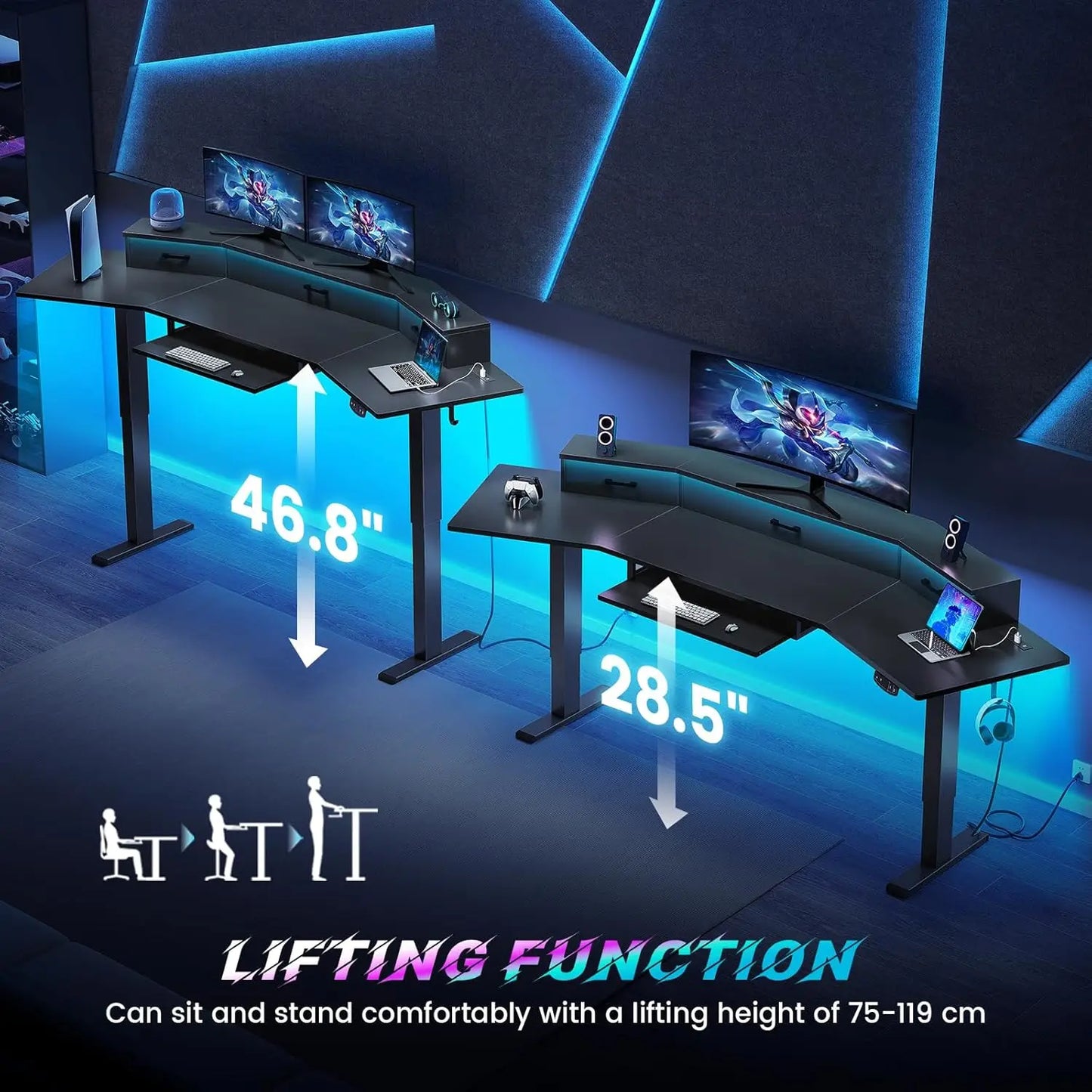 79'' Electric Standing Gaming Desk with LED Lights & Drawers