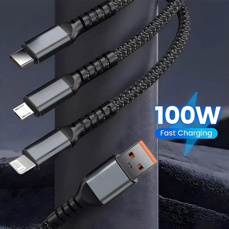 100W 3 In 1 Transparent Pilot Lamp Super Fast Charging Cable