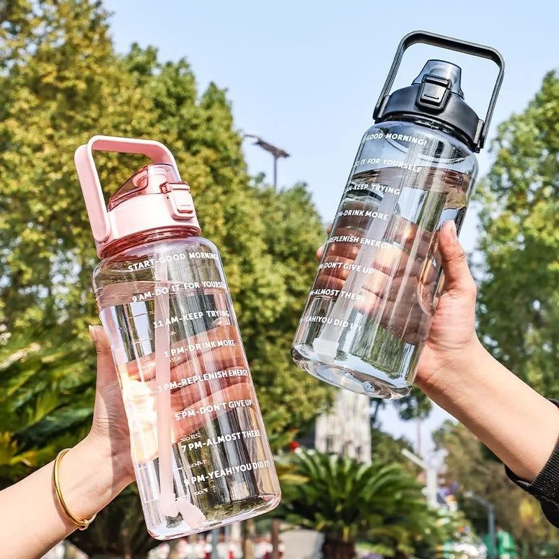 2L Large Capacity Sports Water Bottle with Straw & Time Marker