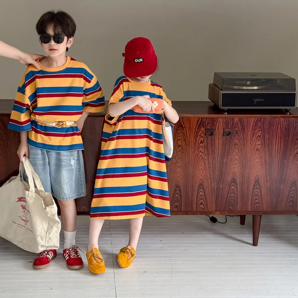 Children's Wide Striped Short-Sleeve T-Shirt for Summer Fun