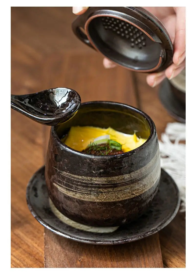 Japanese Retro Ceramic Stew Pot with Lid & Spoon Set | Multifunctional Soup Cup