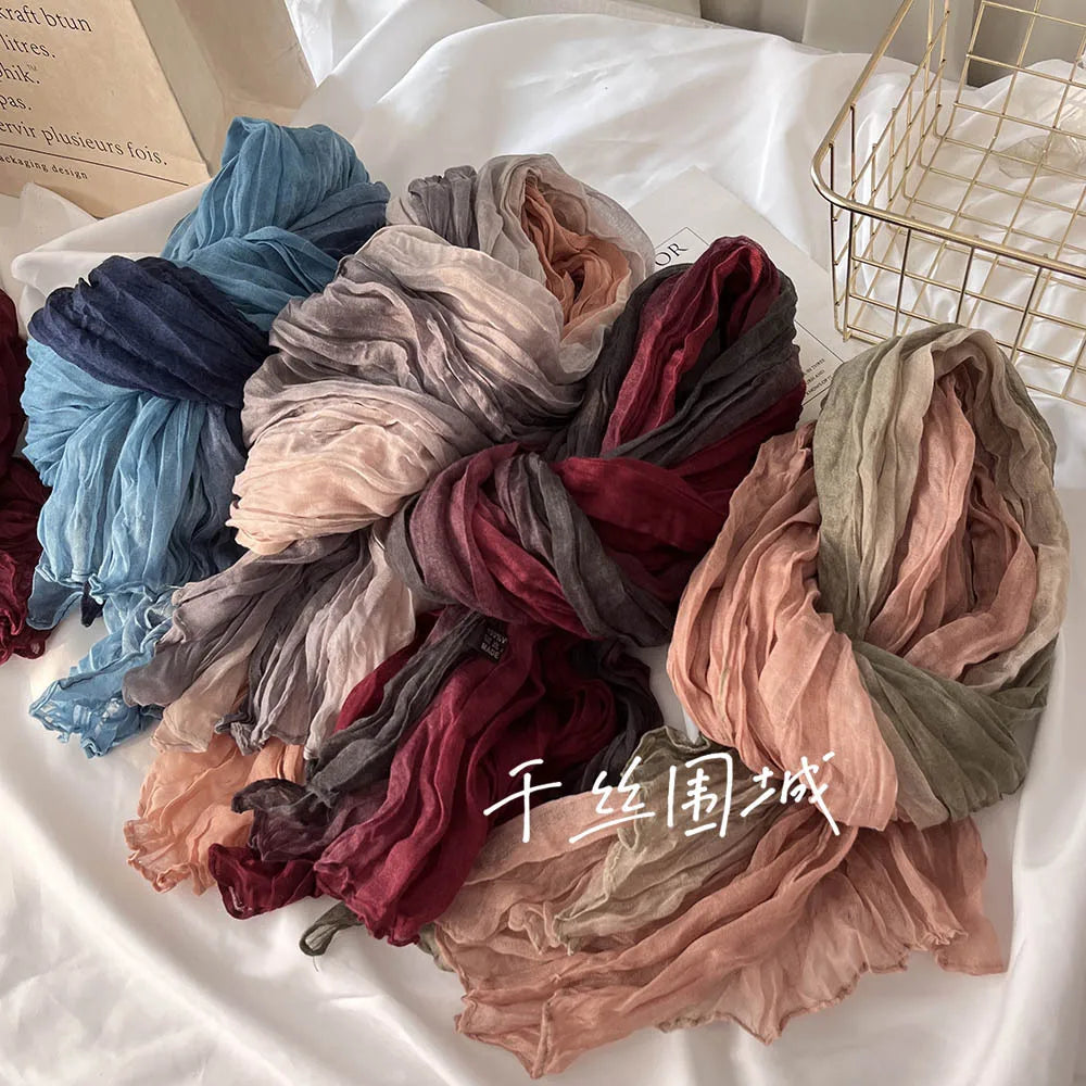 Elegant Women's Long Cotton Hemp Gradient Scarf for Winter Fashion