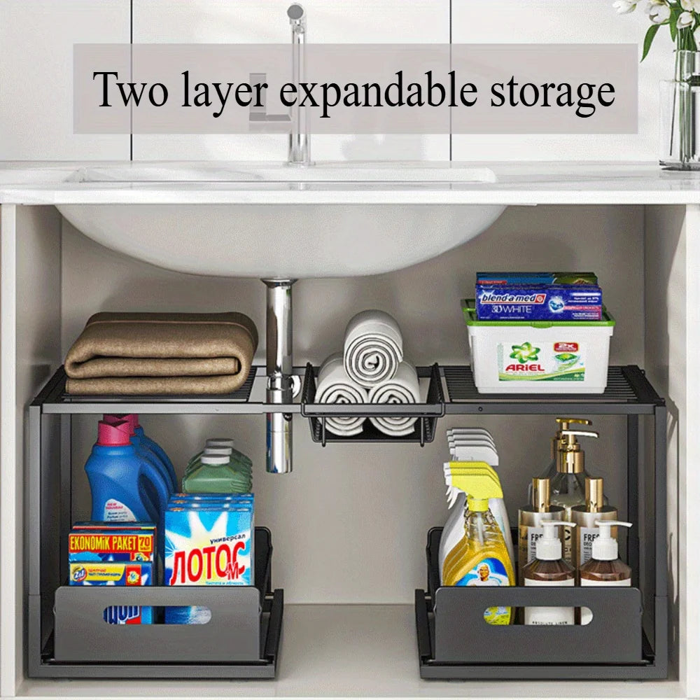 Double Layered Under Sink Storage Rack | Adjustable & Space-Saving