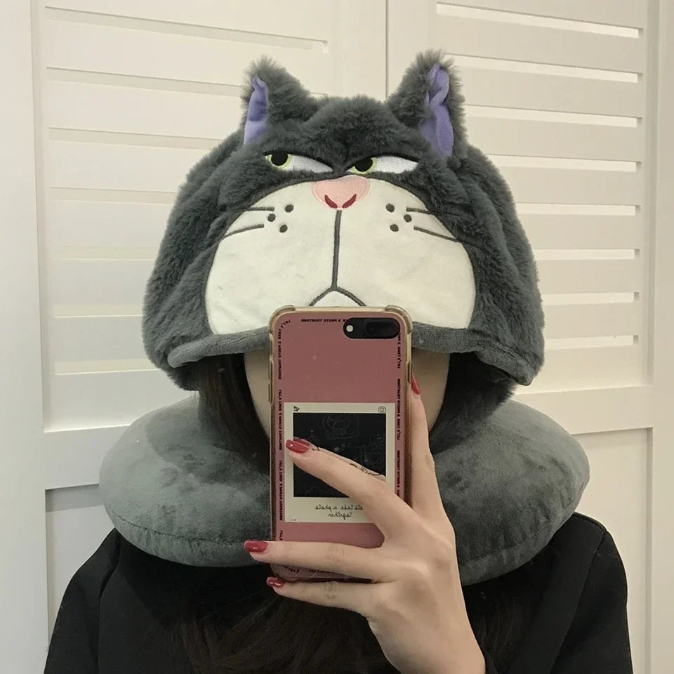 Kawaii Cat U-Shaped Neck Pillow | Cozy Hooded Travel Companion