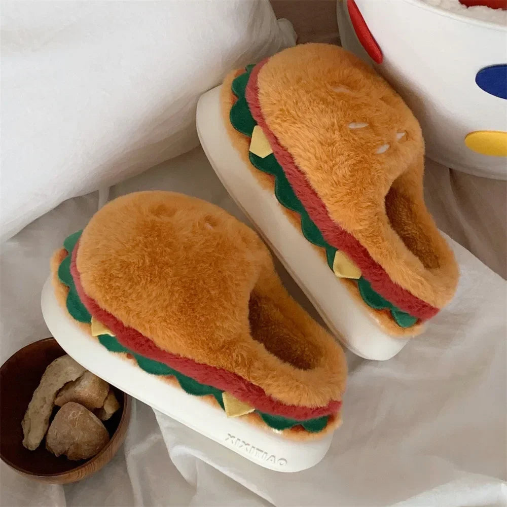 Cute Hamburger Plush Slippers | Warm & Cozy Indoor Footwear