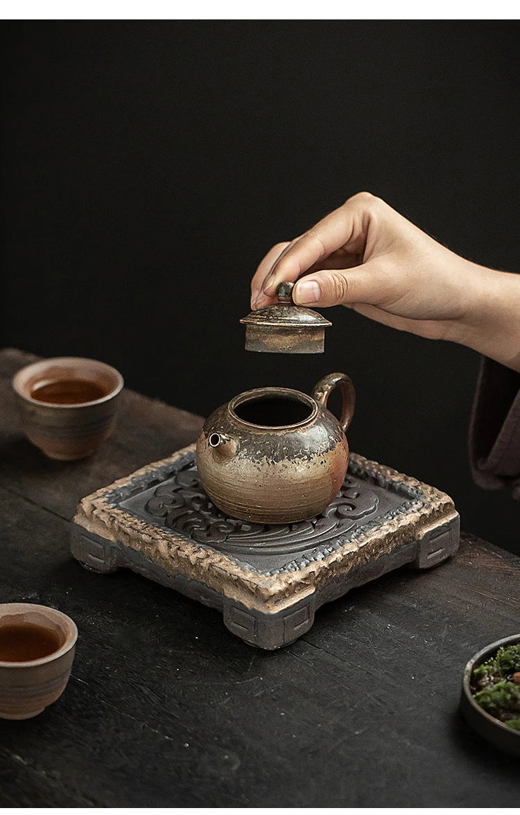 Elegante Bandeja de Té Retro Japonesa de Cerámica Dorada | Sofisticado Accesorio para Té