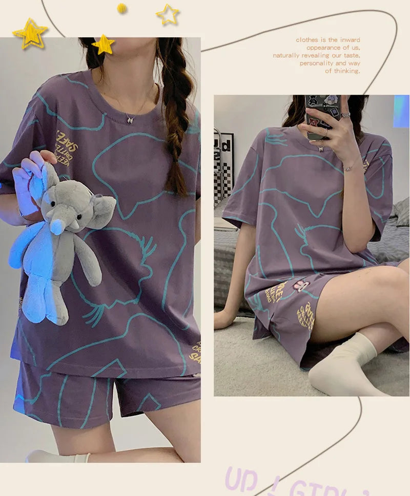 Plus Size Short Sleeve Pajamas for Women | Cute Cartoon Bear Design