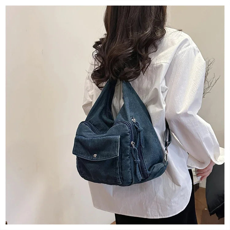 Trendy Solid Color Denim Shoulder Bag | Versatile Women's Crossbody