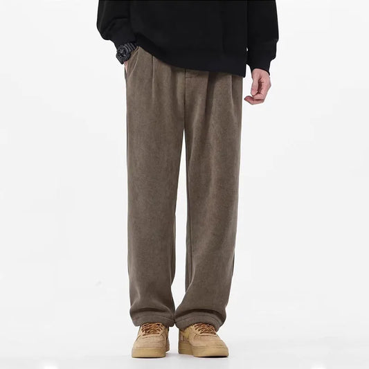 Pantalones casuales de forro polar grueso para hombre | Pantalones cálidos de pierna ancha