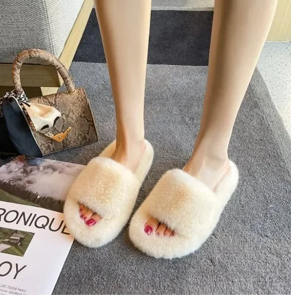 Cozy Double Fur Cross-Strap Plush Slippers | Warm Indoor Footwear