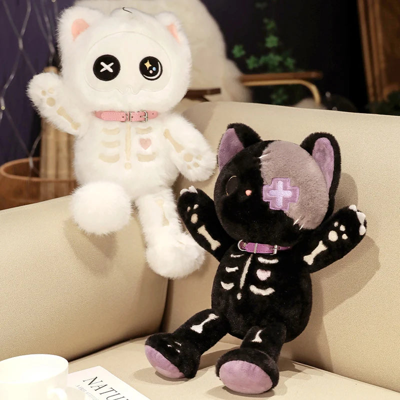 Kawaii Black Skeleton Cat Plush Toy | Fluffy Gothic Stuffed Animal