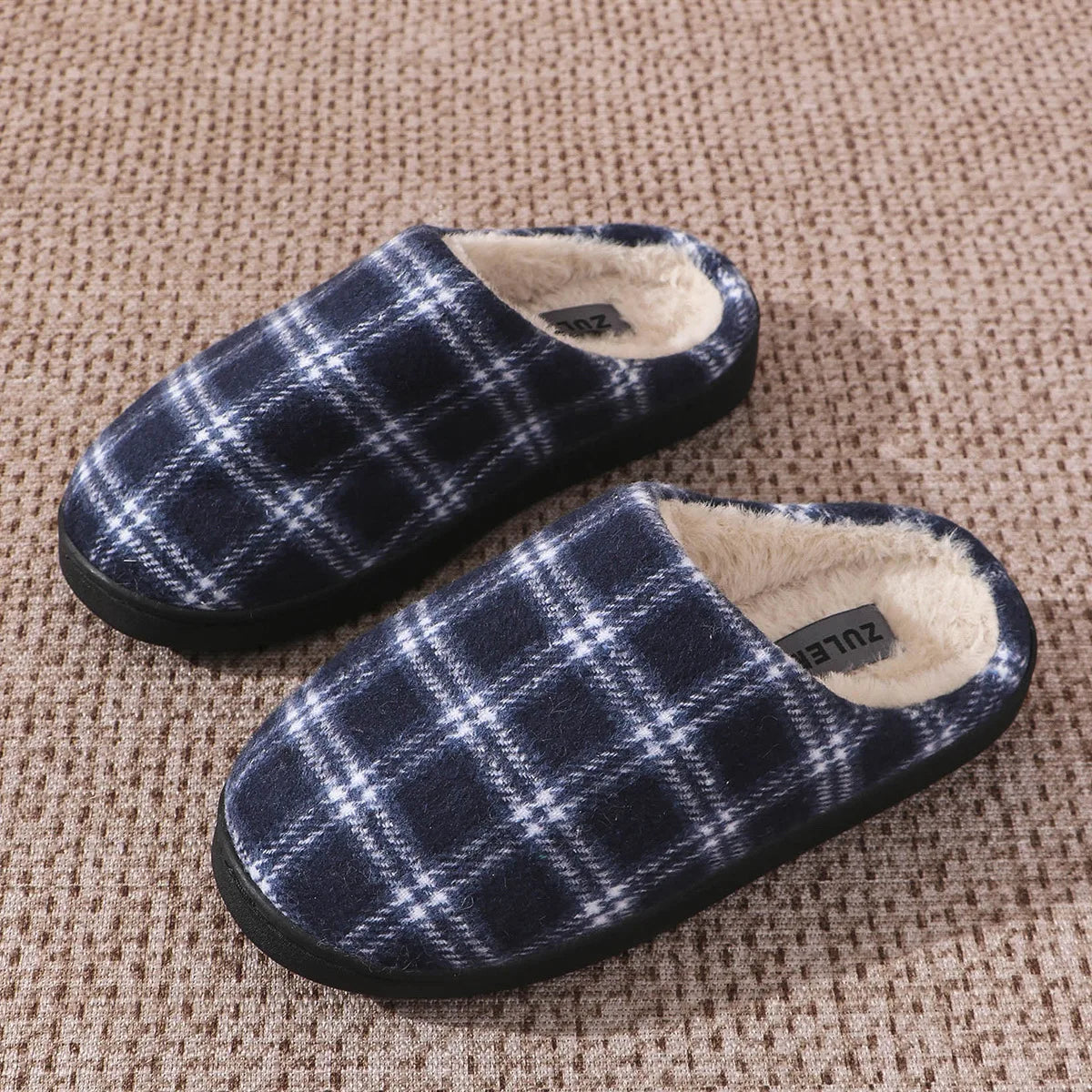 Men's Striped Plaid Fleece Slippers | Warm Cozy House Shoes