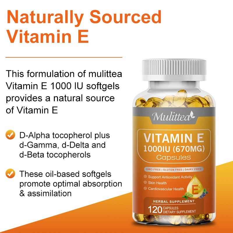 Vitamin E 1000 IU Capsules for Skin Nutrition & Immunity Boost