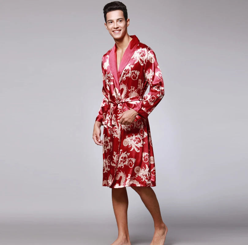 Traditional Japanese KIMONO Fashion YUKATA Oriental Gold Dragons Pattern Bathrobe Summer Men Ice Silk Robes Pajamas  Sleepwear